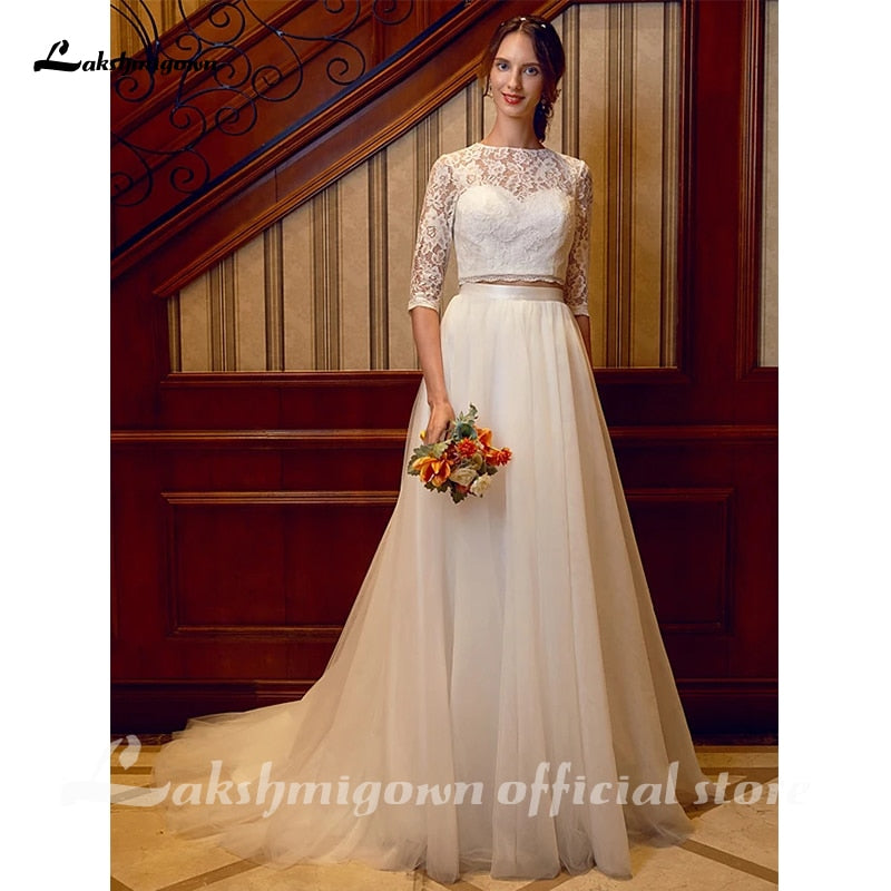 Two Piece Wedding Dresses Jewel Neck Court Train Tulle Over Lace Corded Lace Half Sleeve Illusion Sleeve with Sashes/Ribbons - ROYCEBRIDAL OFFICIAL STORE