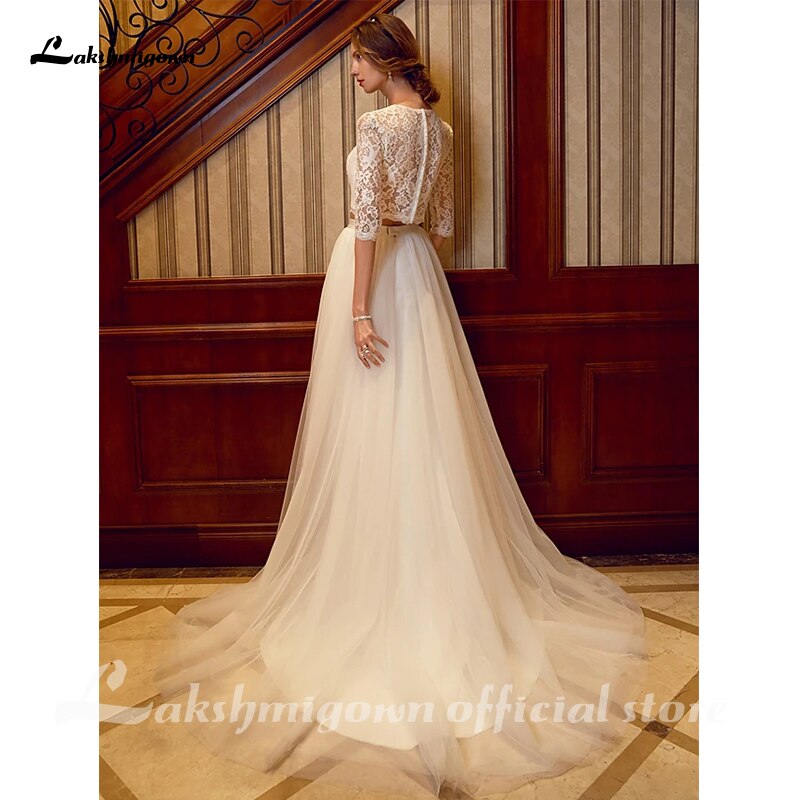 Two Piece Wedding Dresses Jewel Neck Court Train Tulle Over Lace Corded Lace Half Sleeve Illusion Sleeve with Sashes/Ribbons - ROYCEBRIDAL OFFICIAL STORE