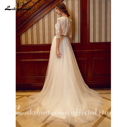 Two Piece Wedding Dresses Jewel Neck Court Train Tulle Over Lace Corded Lace Half Sleeve Illusion Sleeve with Sashes/Ribbons - ROYCEBRIDAL OFFICIAL STORE