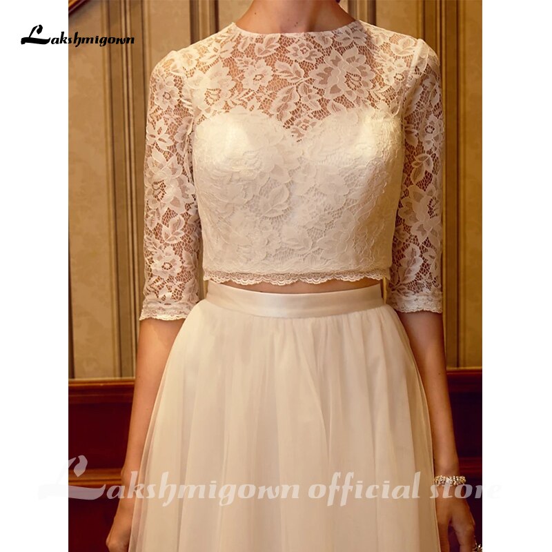 Two Piece Wedding Dresses Jewel Neck Court Train Tulle Over Lace Corded Lace Half Sleeve Illusion Sleeve with Sashes/Ribbons - ROYCEBRIDAL OFFICIAL STORE