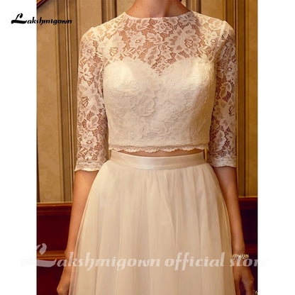 Two Piece Wedding Dresses Jewel Neck Court Train Tulle Over Lace Corded Lace Half Sleeve Illusion Sleeve with Sashes/Ribbons - ROYCEBRIDAL OFFICIAL STORE