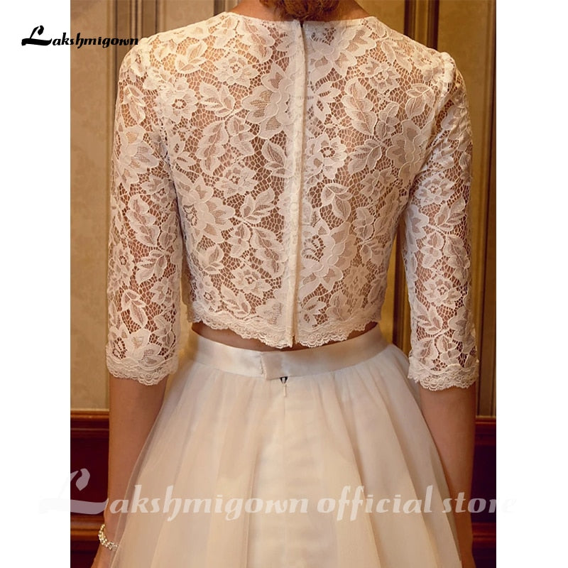 Two Piece Wedding Dresses Jewel Neck Court Train Tulle Over Lace Corded Lace Half Sleeve Illusion Sleeve with Sashes/Ribbons - ROYCEBRIDAL OFFICIAL STORE
