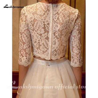 Two Piece Wedding Dresses Jewel Neck Court Train Tulle Over Lace Corded Lace Half Sleeve Illusion Sleeve with Sashes/Ribbons - ROYCEBRIDAL OFFICIAL STORE
