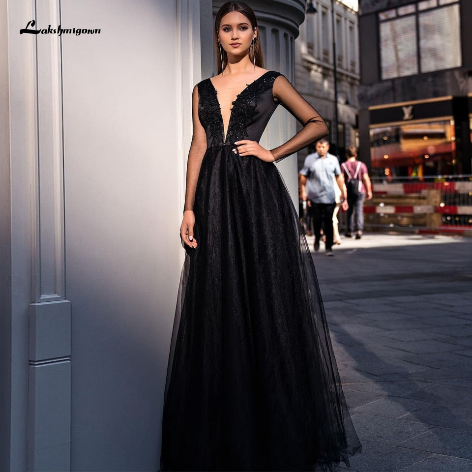 Lakshmigown Black Gothic Dress Bidal Wedding Abendkleider 2021 A Line Plunging Women Dinner Party Gowns Lace Appliques Beaded