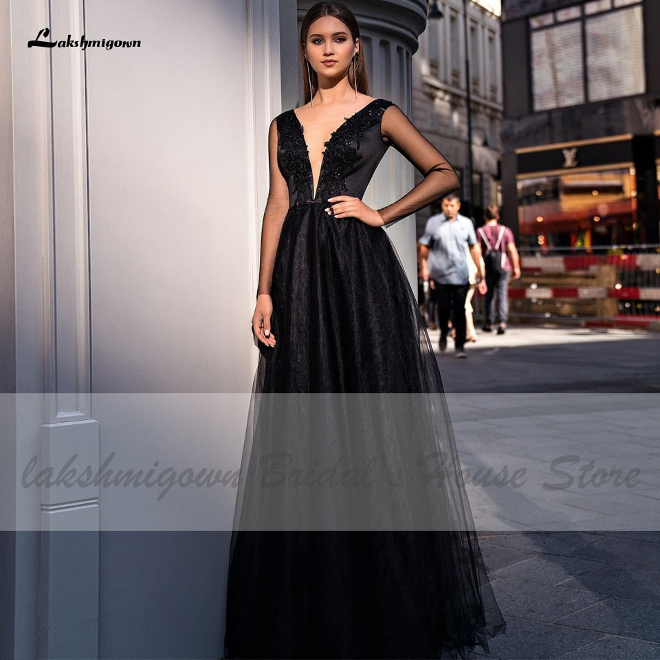 Lakshmigown Black Gothic Dress Bidal Wedding Abendkleider 2021 A Line Plunging Women Dinner Party Gowns Lace Appliques Beaded