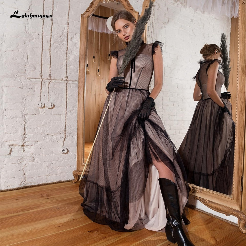 Lakshmigown Simple Black Lace Bidal Wedding Dress 2021 Robe Gothic A Line Wedding Dresses Floor Length Dinner Party Gowns