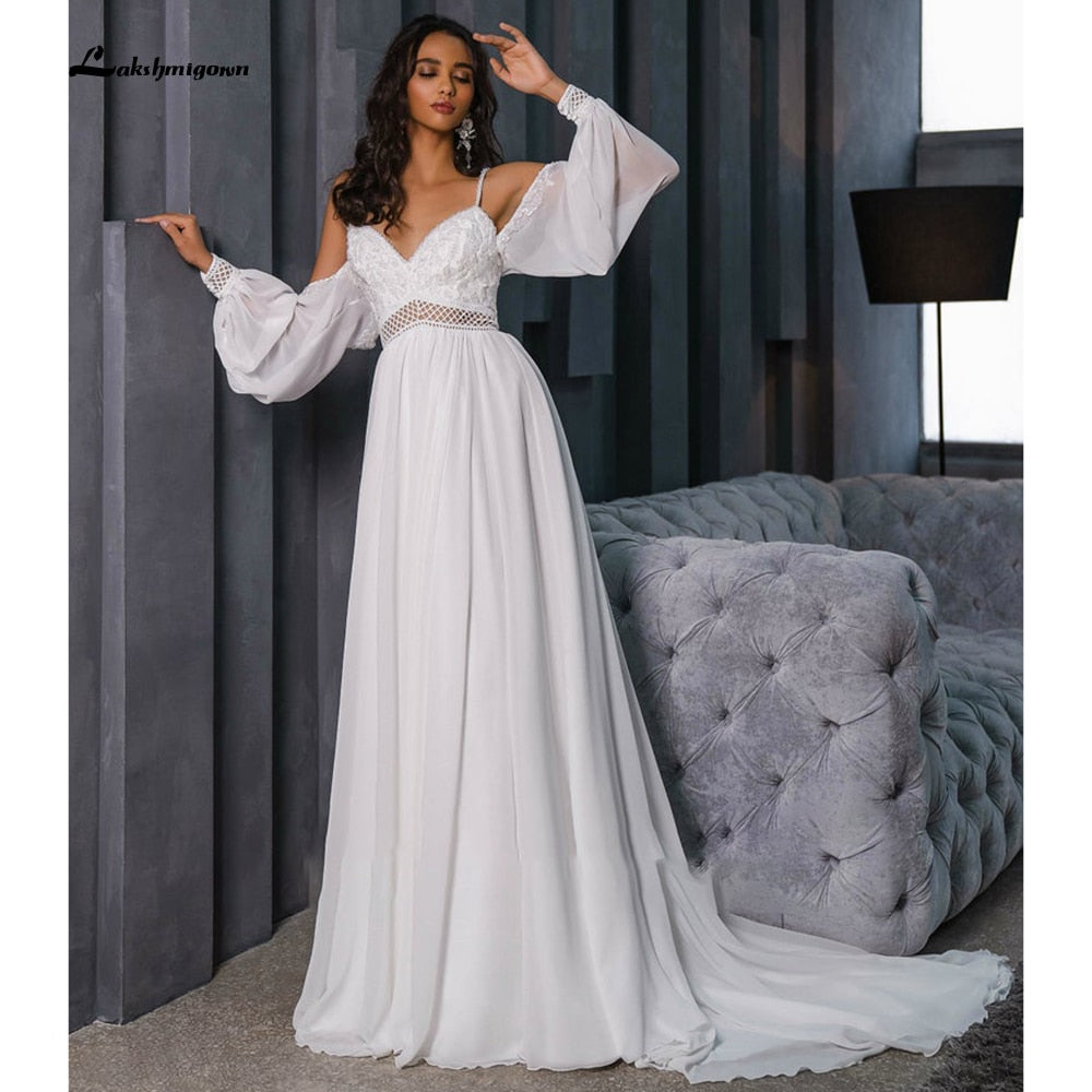 Lace Beading Chiffon Backless Spaghetti Straps lantern Sleeve Wedding Dresses Off Shoulder V Neck robe de mariée Lakshmigown