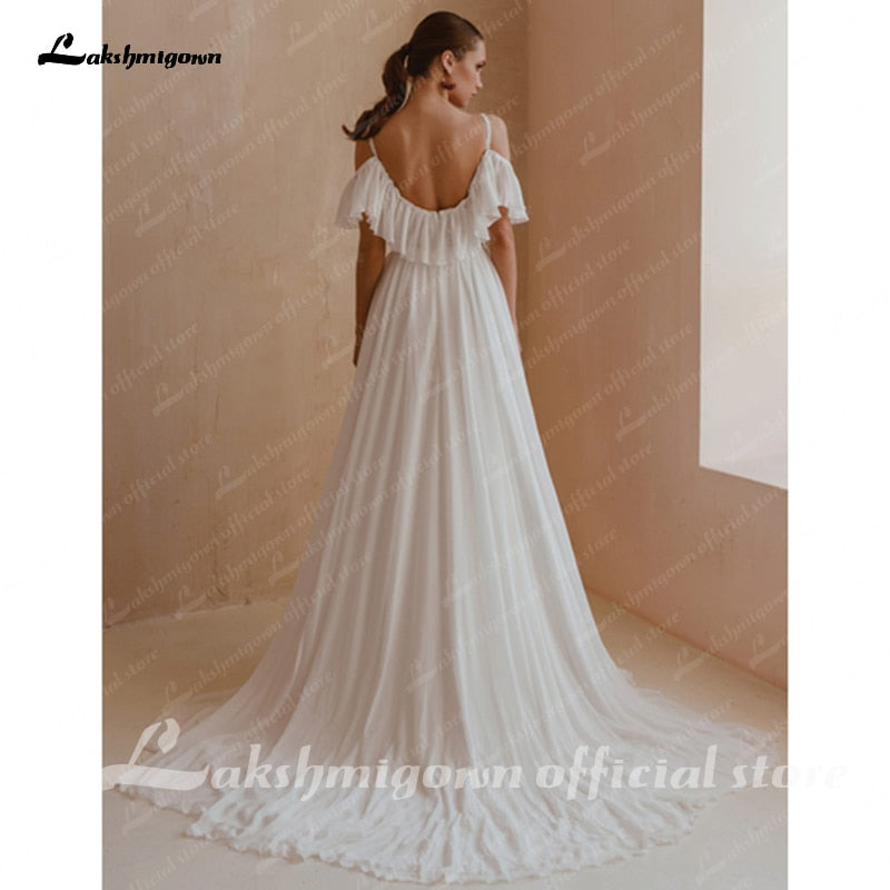 Spaghetti Straps Boho Bridal Dress A Line Chiffon Wedding Dresses 2021 V-neck Cap Short Sleeves Sukienki Damskie Lakshmigown