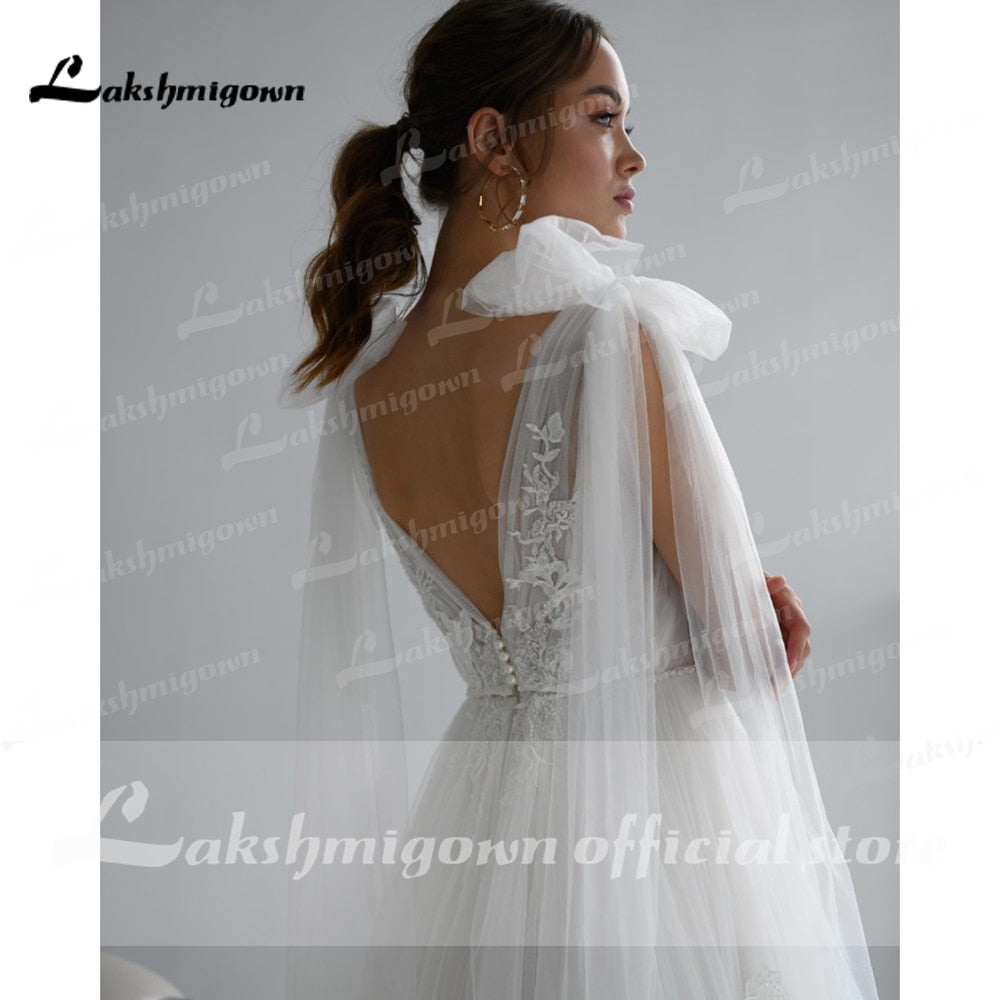 vestido de novia 2021 Lace Tulle Backless V Neck Bow Wedding Dresses Elegant V Shape Back robe de soirée de mariage Lakshmigown
