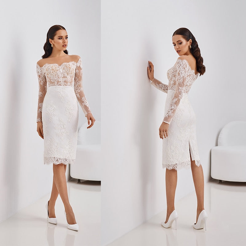 Roycebridal Short Wedding Dresses Boat Neck White ivory Bridal Dress White Bride Gowns High quality Satin Wedding Party Dress