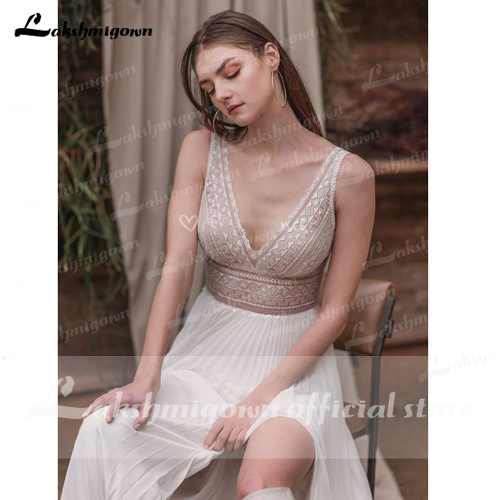 vestido de novia sin espalda Deep V Neck Sexy Lace High Split Sleeveles Open Back Wedding Dresses vestido de fiesta de boda 2021