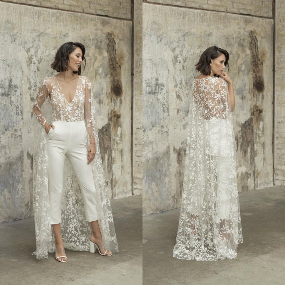 2021 Wedding Jumpsuit With Cape Beach Wedding Dresses V Neck Tea Length Lace Bridal Outfit Wedding Gowns