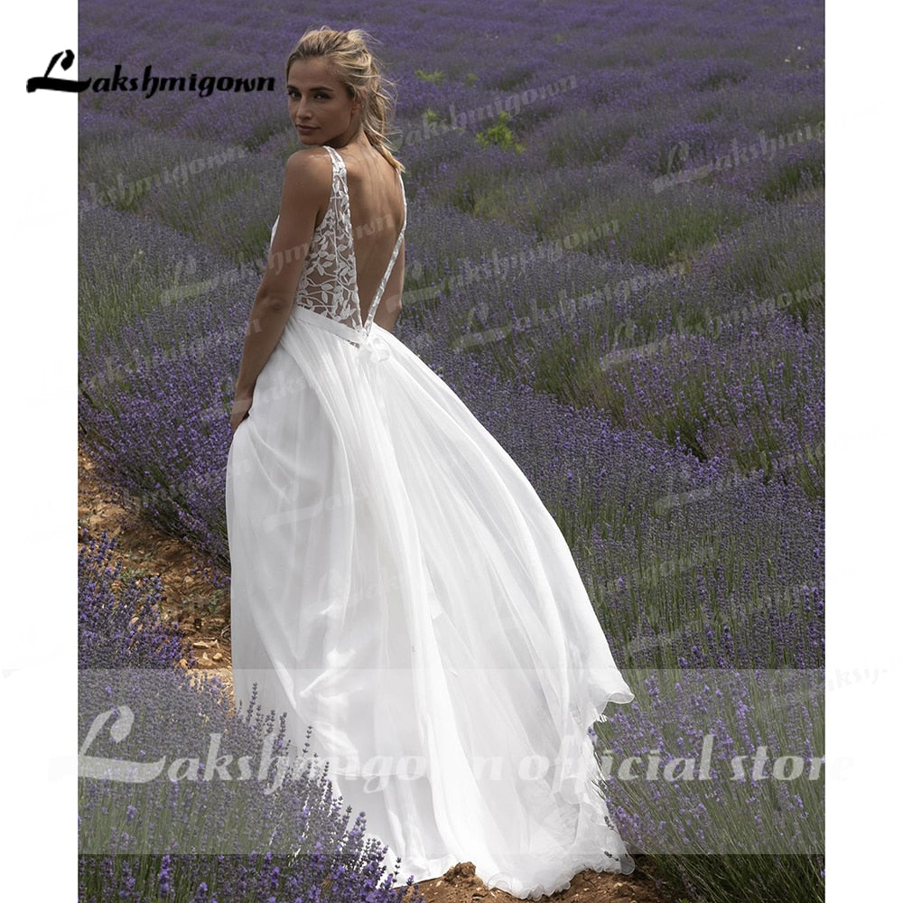 V Neck Lace Sleeveless Open Back Elegant Wedding Dresses for women 2021 Beach Sweep Train vestido de fiesta de boda Lakshmigown - ROYCEBRIDAL OFFICIAL STORE