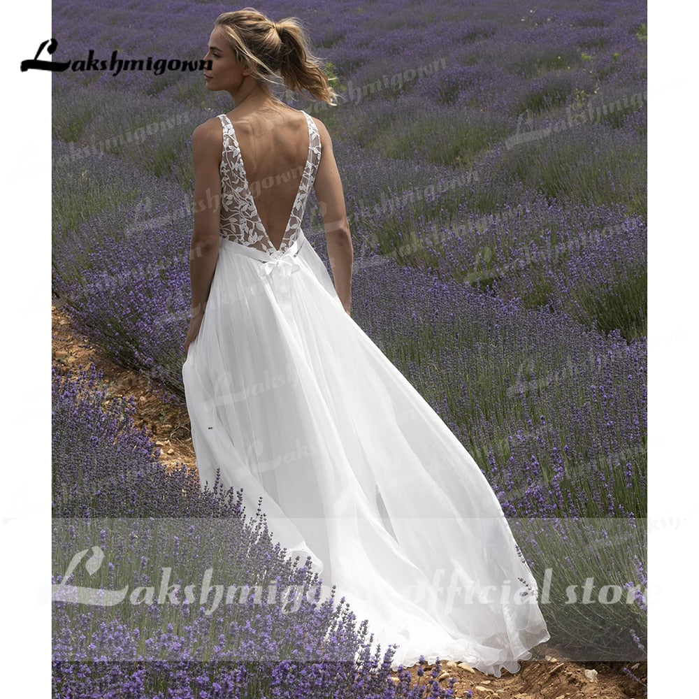 V Neck Lace Sleeveless Open Back Elegant Wedding Dresses for women 2021 Beach Sweep Train vestido de fiesta de boda Lakshmigown - ROYCEBRIDAL OFFICIAL STORE