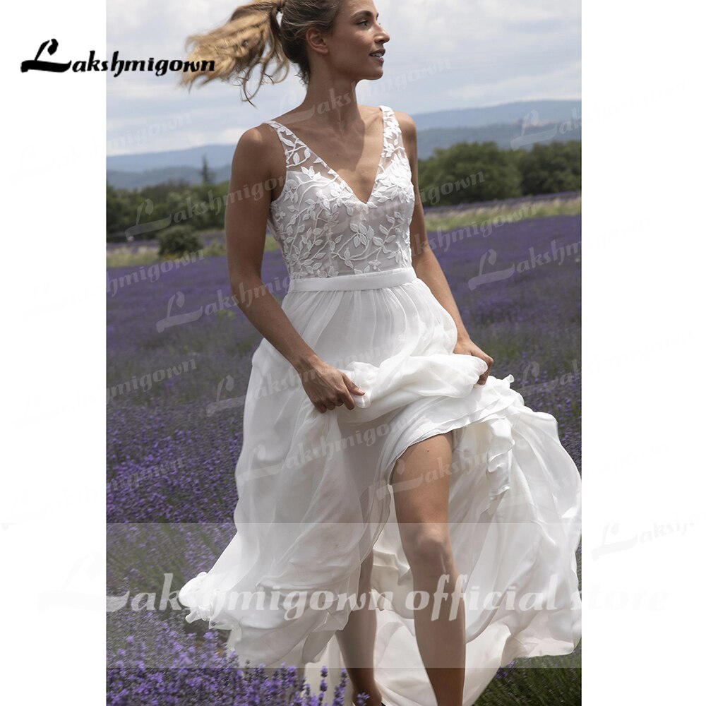 V Neck Lace Sleeveless Open Back Elegant Wedding Dresses for women 2021 Beach Sweep Train vestido de fiesta de boda Lakshmigown - ROYCEBRIDAL OFFICIAL STORE