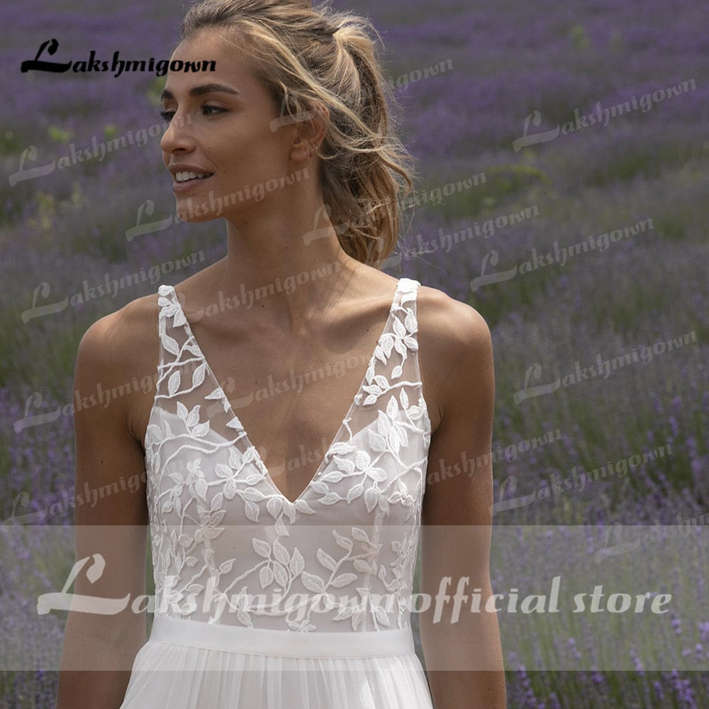 V Neck Lace Sleeveless Open Back Elegant Wedding Dresses for women 2021 Beach Sweep Train vestido de fiesta de boda Lakshmigown - ROYCEBRIDAL OFFICIAL STORE