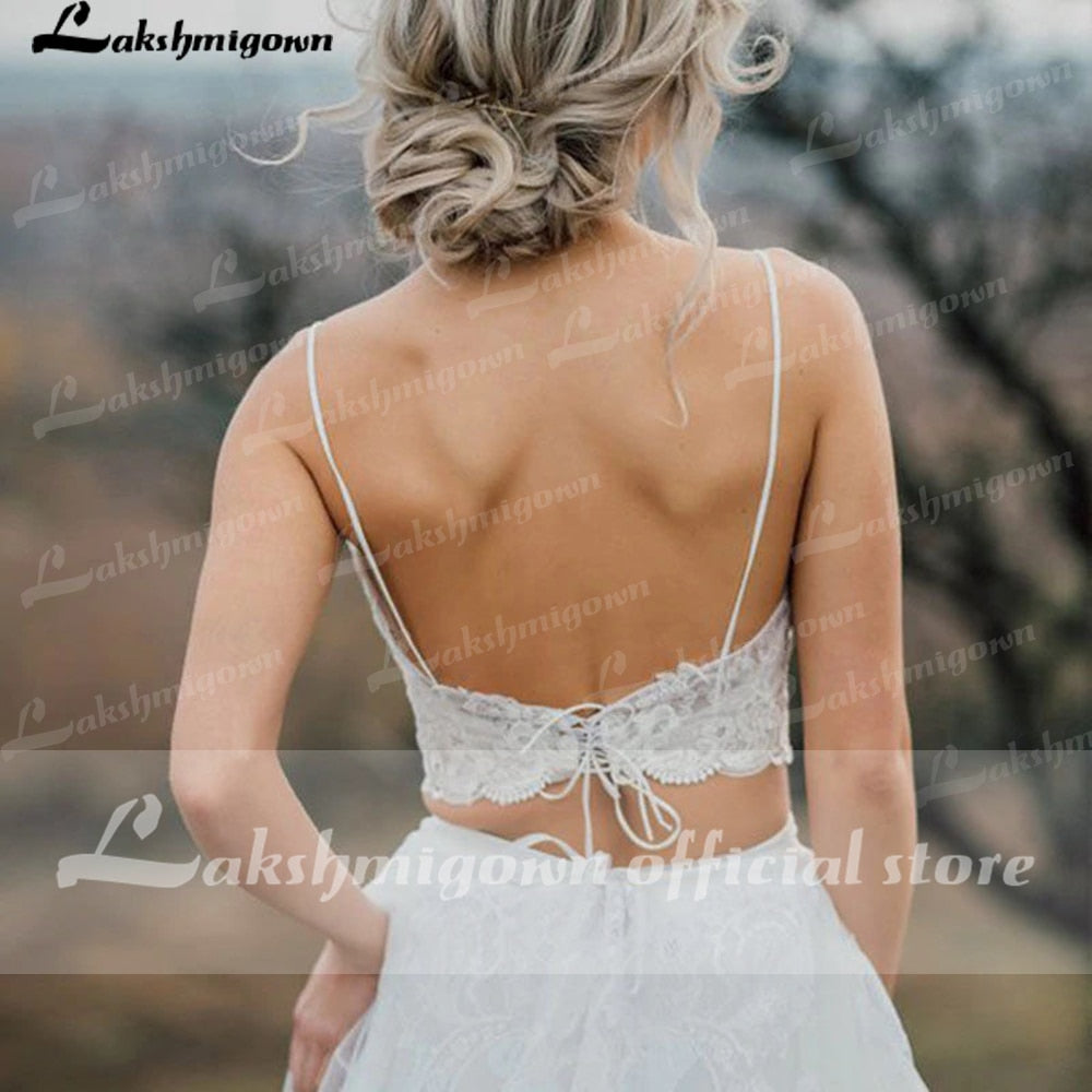 Lakshmigown Two Pieces Elegant V-Neck Lace Backless Wedding Dress Simple Beach Sleeveless Bridal Gowns for woman Robe de mariee