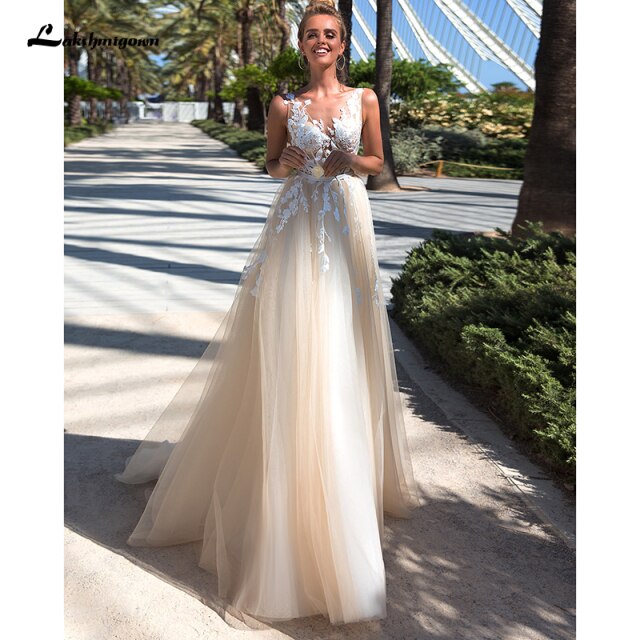 Lakshmigown Champagne Wedding Dress Lace Appliques Princess Tulle Long Bridal Dress 2021 Receipt Wedding Gowns