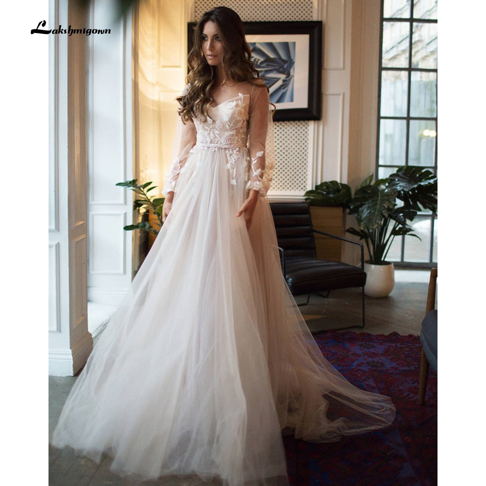 robede mariage 2021 Beach Elegant long Sleeve Lace Tulle Backless Wedding Dresses With Belt A Line vestido de casamento simples