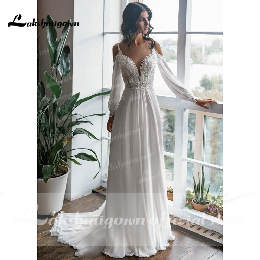 2021 Long Sleeve Off Shoulder Spaghetti Straps Deep V Neck Wedding Dresses Lace Chiffon Bohemian stylerobe de mariée fille