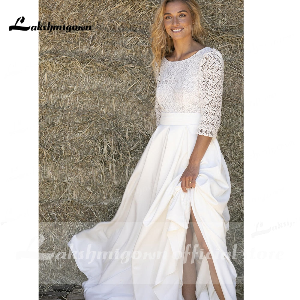 Lace O Neck Half Sleeve Satin Backless Wedding Dresses With Pocket Simple Elegant Modern vestidos de novia bohemio verano 2021