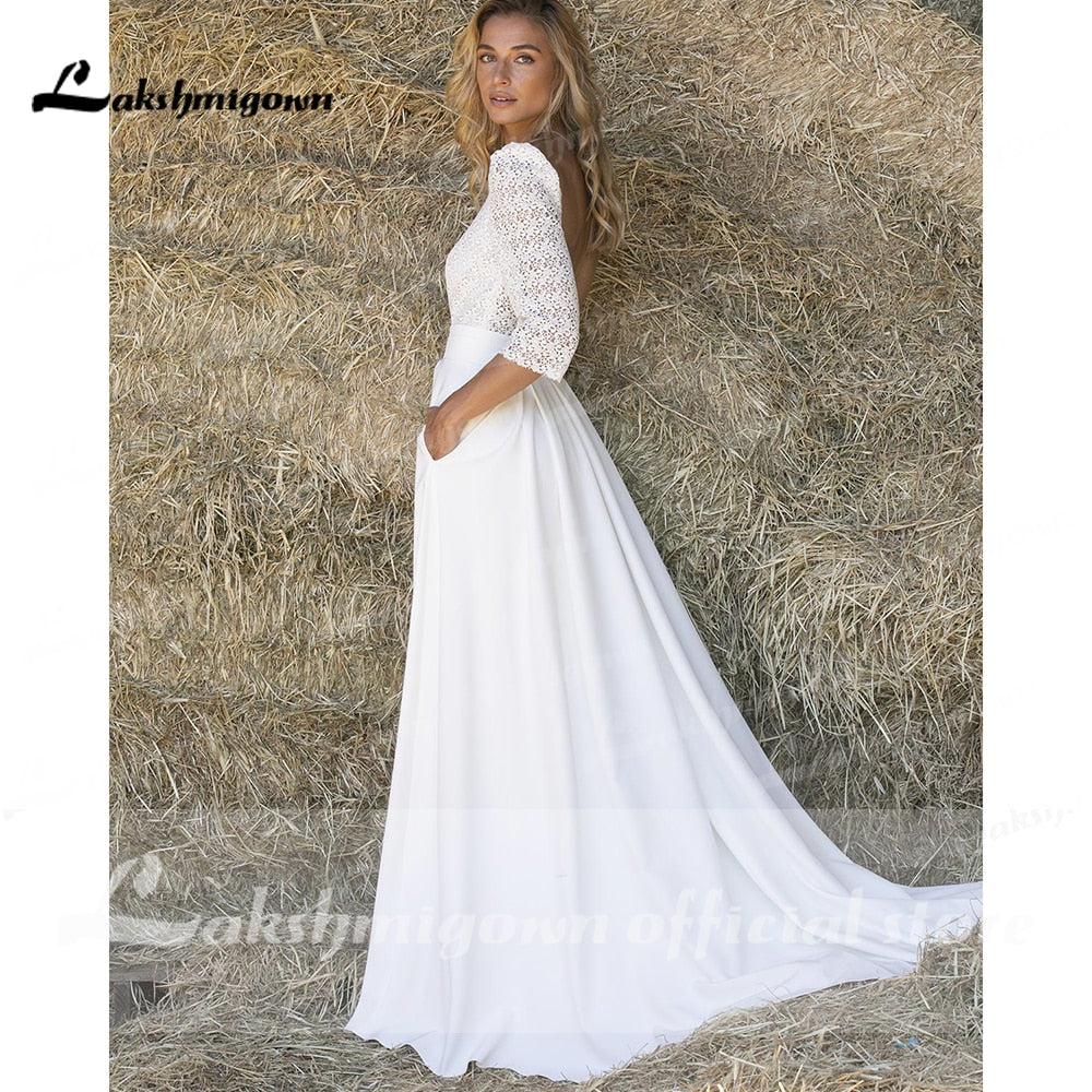 Lace O Neck Half Sleeve Satin Backless Wedding Dresses With Pocket Simple Elegant Modern vestidos de novia bohemio verano 2021