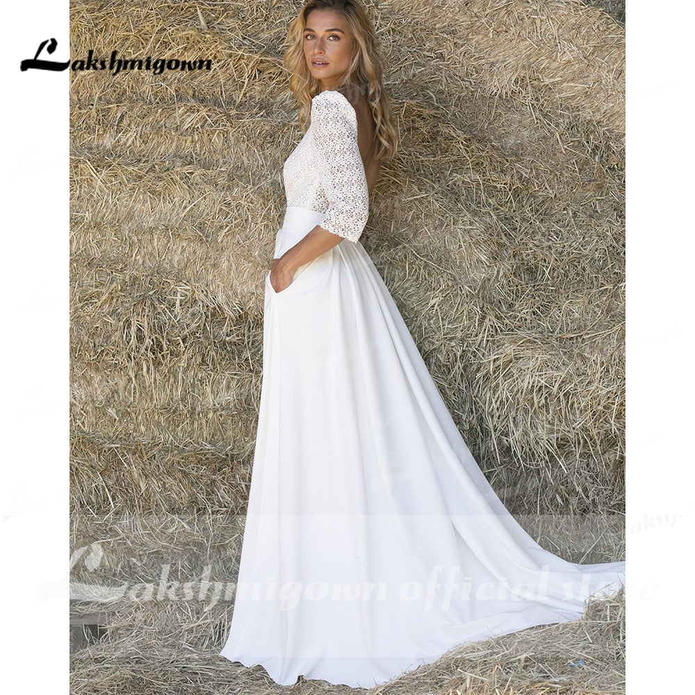 Lace O Neck Half Sleeve Satin Backless Wedding Dresses With Pocket Simple Elegant Modern vestidos de novia bohemio verano 2021 - ROYCEBRIDAL OFFICIAL STORE