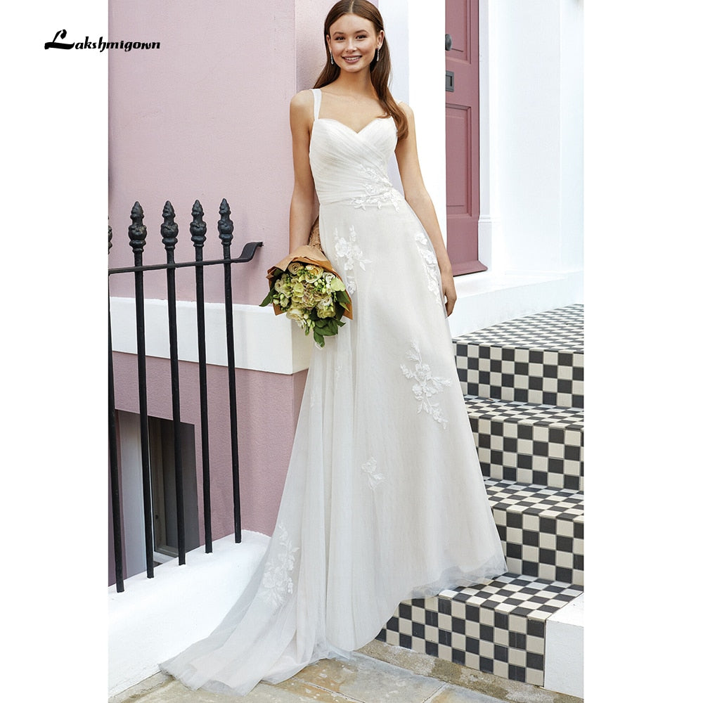 vestido noiva 2021 Pleats Lace Spaghetti Straps Off the Shoulder Boho Wedding Dresses Backless Elegant trajes de novias largos