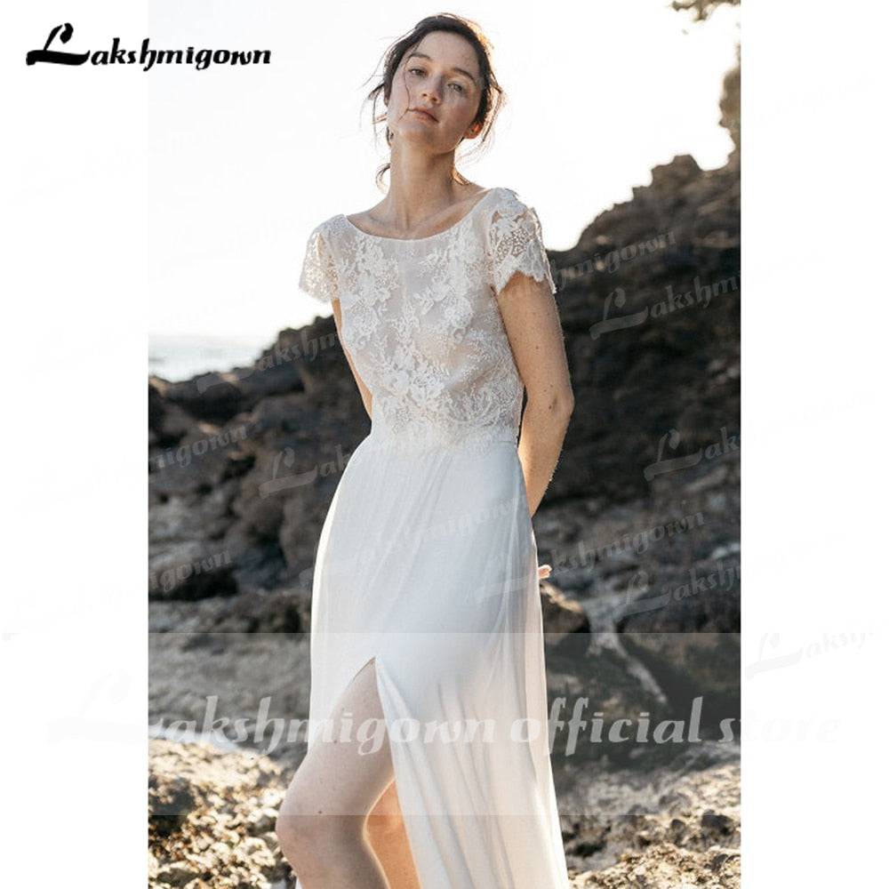 2021 Two Pieces High Split Lace Top Chiffon Wedding Dress O Neck Short Sleeve Bridal Gowns robe de soirée de mariage Lakshmigown