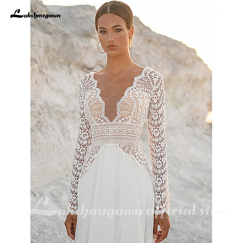 Vintage Lace Long Sleeves Boho Wedding Dresses 2021 V Neck Bohemian Chiffon Bridal Dress Hochzeit Longue Robe 2021 - ROYCEBRIDAL OFFICIAL STORE