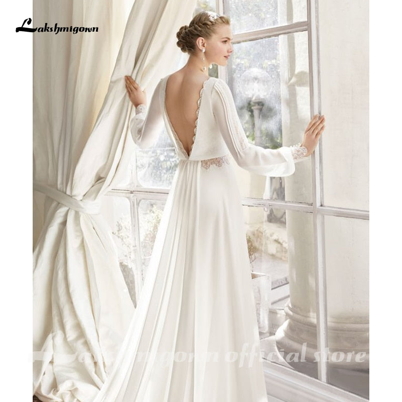 Chiffon Beach Wedding Dress 2021 Lace Boho Bride Dress Long Sleeves Backless Wedding Gown Custom Made Vestidos de novia - ROYCEBRIDAL OFFICIAL STORE