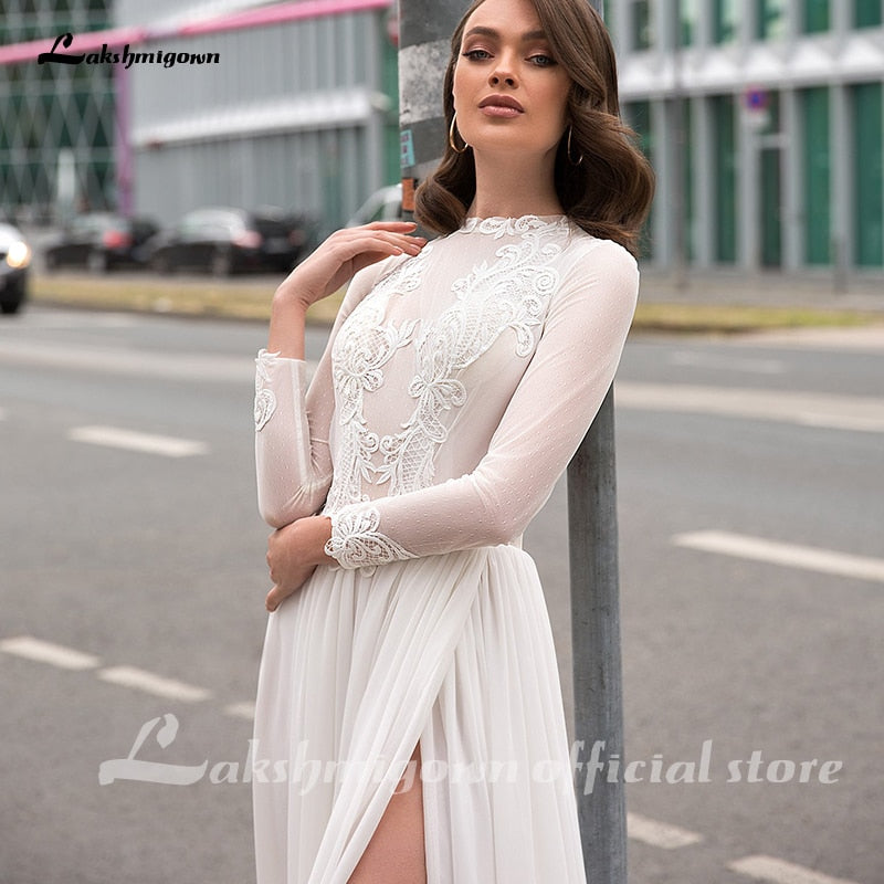 Lakshmigown Sexy Long Sleeves Plus Size Bridal Gown Appliqued Chiffon Beach Wedding Dress with Slit Abiti Da Sposa
