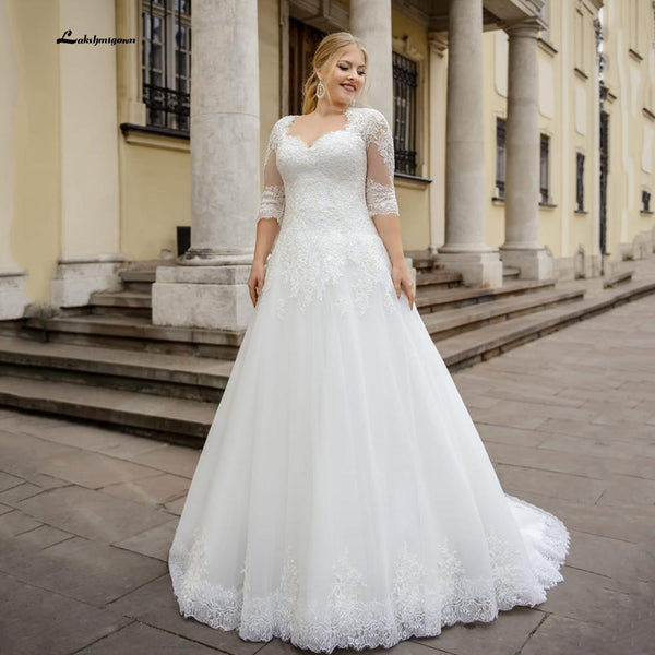Plus Size Wedding Dress With Half Sleeve Custom Made Lace Appliques La ...