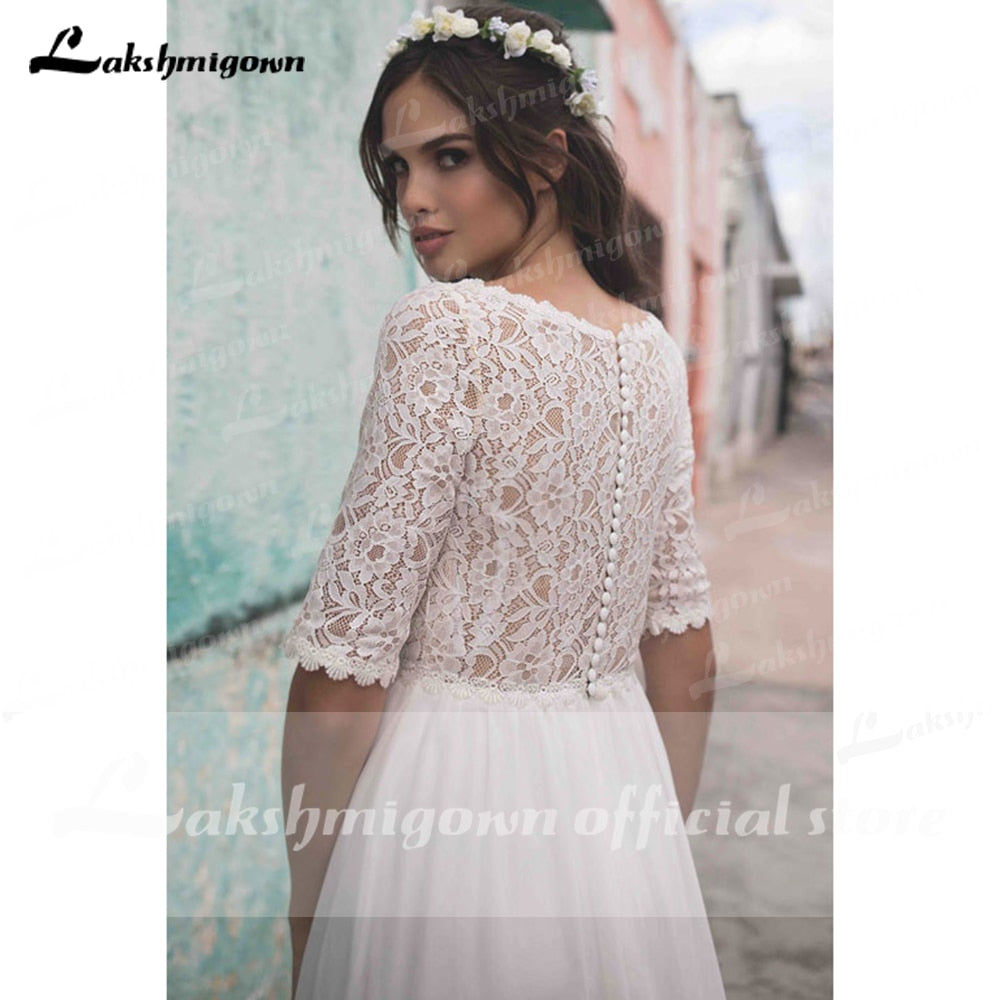 Simple half sleeves lace Wedding Dress ivory Beach Bohemian Bridal Gowns Lace Backless Vestidos Boda Boho Style Robe de mariee