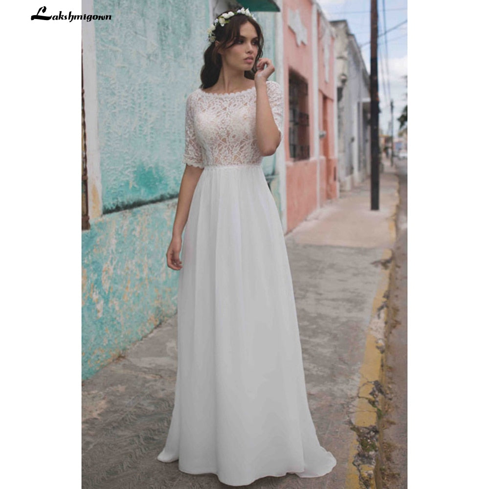 Simple half sleeves lace Wedding Dress ivory Beach Bohemian Bridal Gowns Lace Backless Vestidos Boda Boho Style Robe de mariee