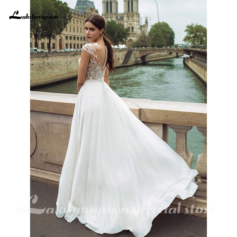Lakshmigown Fashion Boho Slit Chiffon Wedding Dress 2021 High Quality V-neck Sweep Train Backless Bridal Gowns