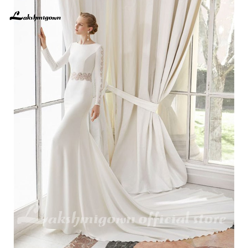 White Lace Chiffon Wedding Dress 2021 Boho Scoop Neck Court Train Lace Long Sleeve A Line Bridal Gowns Plus Size Custom Made - ROYCEBRIDAL OFFICIAL STORE