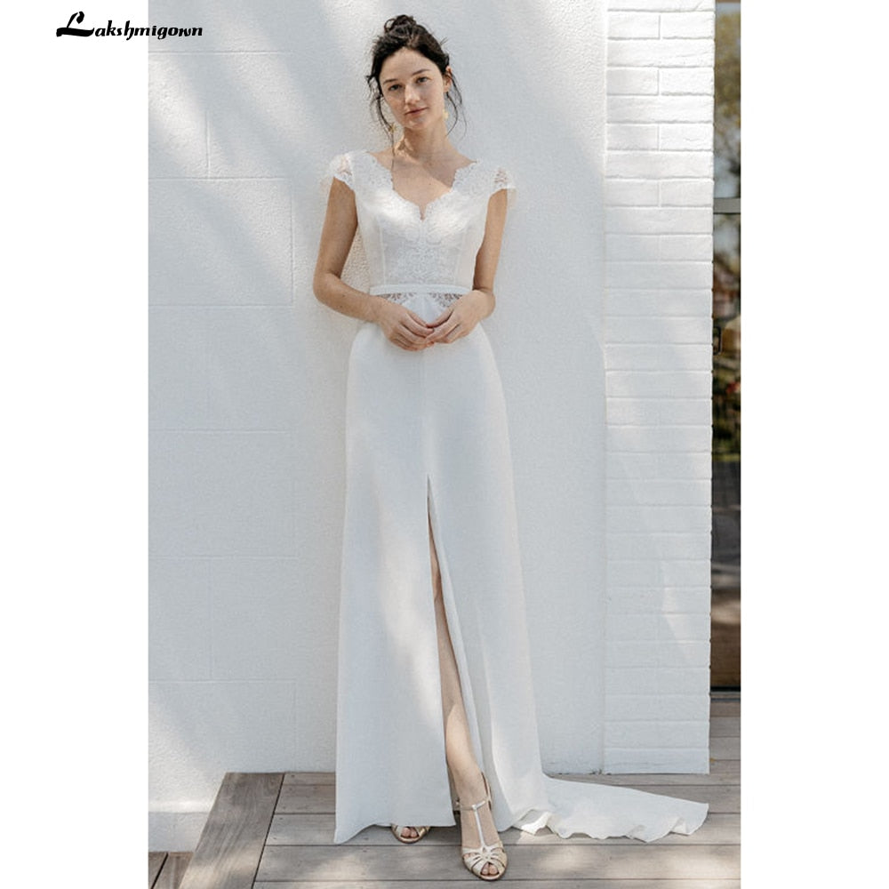 Lakshmigown 2021 Elegant Split Satin Lace Back Buttons Wedding Dresses for Bridal V Neck Beach Short Sleeve Backless robe mariée