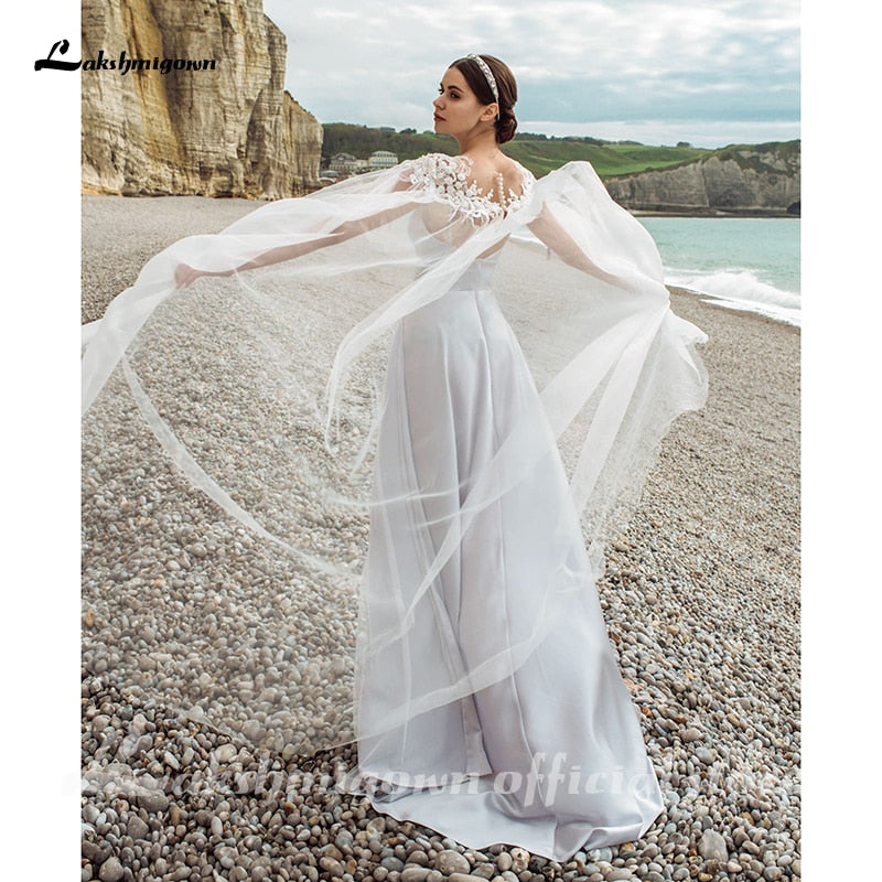 Sexy V-neck Satin Wedding Dresses with Detachable Jacket Wedding Bridal Gowns robe femme 2021 New Design - ROYCEBRIDAL OFFICIAL STORE