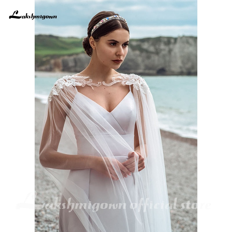 Sexy V-neck Satin Wedding Dresses with Detachable Jacket Wedding Bridal Gowns robe femme 2021 New Design - ROYCEBRIDAL OFFICIAL STORE