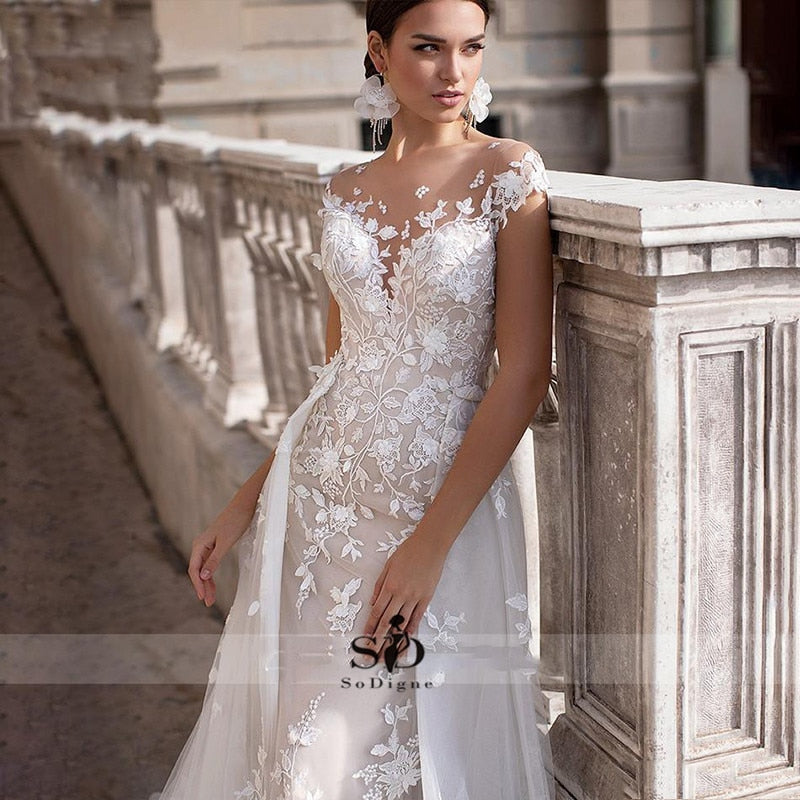 Wedding Dress 2021 Short Sleeves Appliques Mermaid Bridal Dress With Detachable Train Over skirt Lace Wedding Gowns - ROYCEBRIDAL OFFICIAL STORE