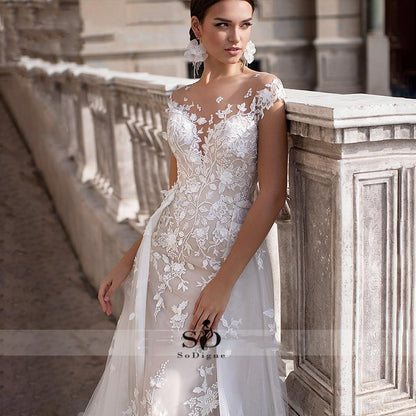 Wedding Dress 2021 Short Sleeves Appliques Mermaid Bridal Dress With Detachable Train Over skirt Lace Wedding Gowns - ROYCEBRIDAL OFFICIAL STORE