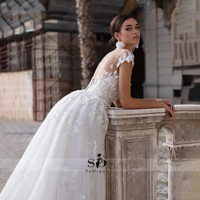 Wedding Dress 2021 Short Sleeves Appliques Mermaid Bridal Dress With Detachable Train Over skirt Lace Wedding Gowns - ROYCEBRIDAL OFFICIAL STORE