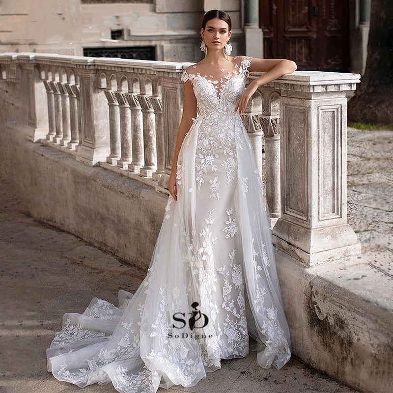 Roycebridal Wedding Dress 2021 Short Sleeves Appliques Mermaid Bridal Dress With Detachable Train Over skirt Lace Wedding Gowns