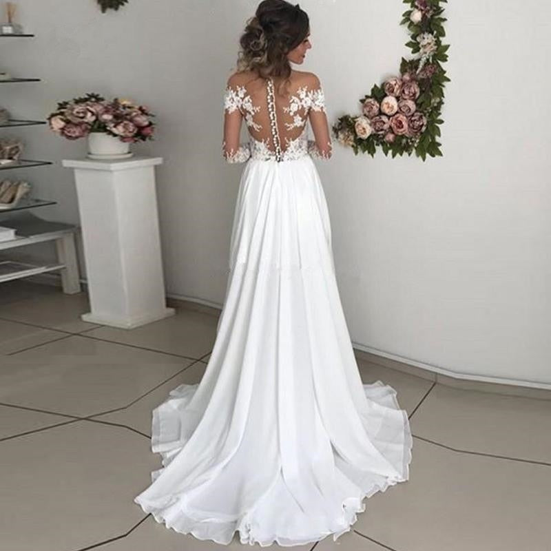 Lace Slit Wedding Dress Long Sleeves A-line Split Chiffon Dubai Arabic Simple Boho Long Vestido De Noiva Bridal Dresses