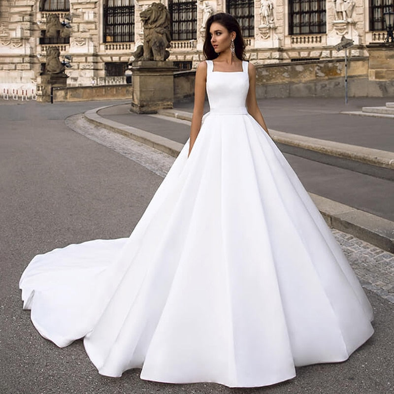 SoDigne Satin African Wedding Dress 2021 Buttons Pockets  A Line Lace Bridal Dresses Princess Wedding Party Gown Plus Size