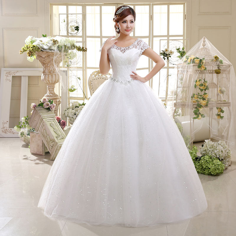 White Short Sleeves Wedding Dress Simple O-Neck Embroidery Floor-Length Backless Lace Up Plus Size Wedding Gowns For Women G111