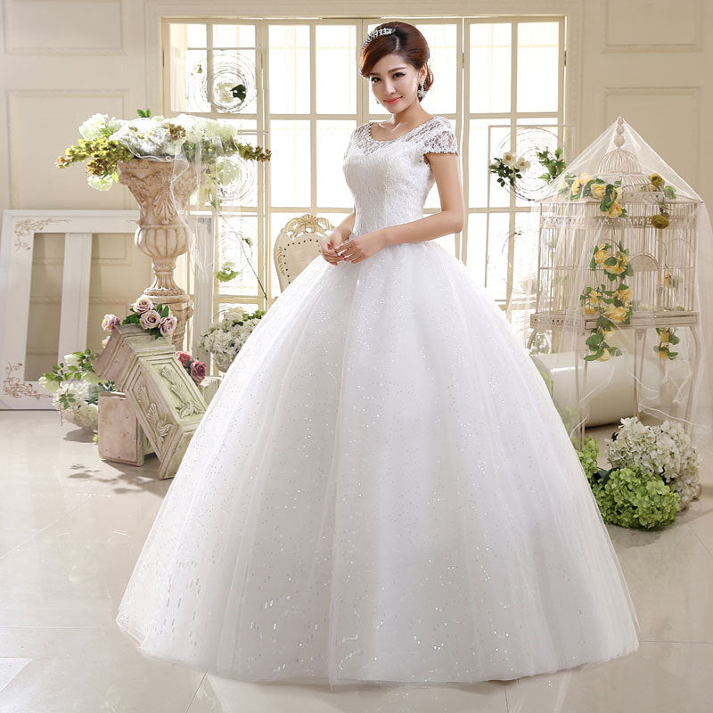 White Short Sleeves Wedding Dress Simple O-Neck Embroidery Floor-Length Backless Lace Up Plus Size Wedding Gowns For Women G111