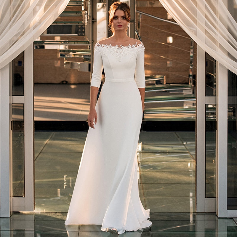 Vintage 3/4 Sleeve O-Neck Wedding Dress A-Line Lace Appliques Satin Civil Bridal Gown With Zipper Back Floor Length