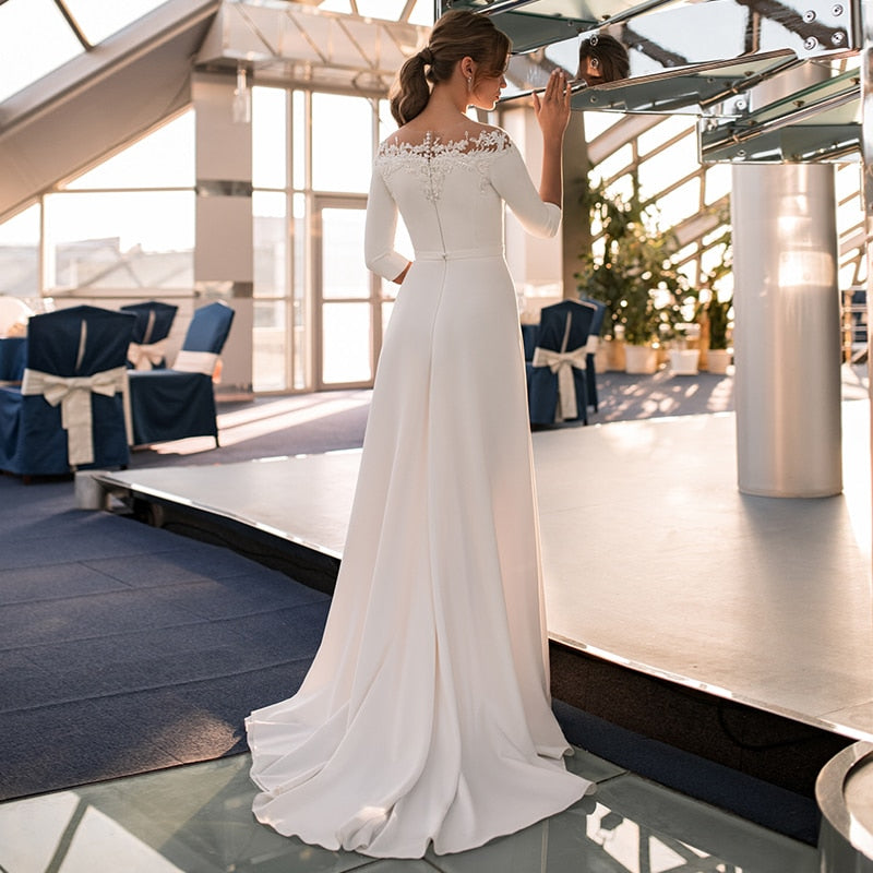 Vintage 3/4 Sleeve O-Neck Wedding Dress A-Line Lace Appliques Satin Civil Bridal Gown With Zipper Back Floor Length